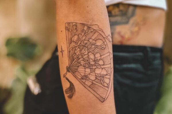 Fan & Flower Fine Line Tattoo Black & Grey Sebrina Pham Art