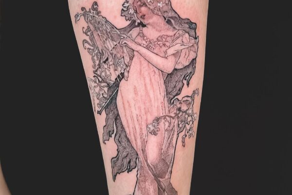 Spring by Alphonse Mucha Fine Line Tattoo Black & Grey Sebrina Pham Art